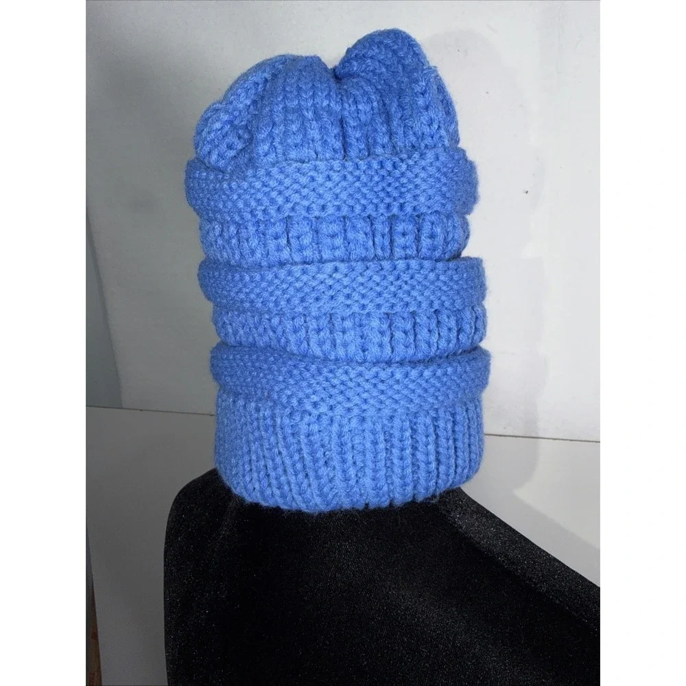 Anazalea Blue Knit Beanie Hat Faux Fur Lining Warm Stylish Winter‎ Ski